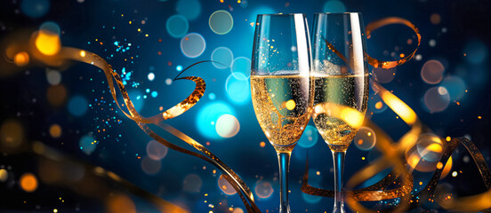 Happy New Year 2024. Christmas and New Year holidays bokeh background with copy space. Toasting with champagne glasses against holiday lights. winter season.

