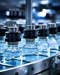 Macro scene of a hightech bottling line showcasing the automated capping process, capturing the precise moment when a bottle cap is torqued onto the threaded neck of a filled bottle.