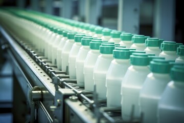 An overhead shot capturing the conveyor belts of finished detergent bottles moving towards the packaging area. The bottles are precisely aligned and convey a sense of organization and efficiency.