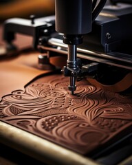 Detailed shot of a large leather embossing machine pressing a custom design onto a piece of leather. The machine exerts pressure, leaving behind a beautiful pattern and texture on the surface. - obrazy, fototapety, plakaty