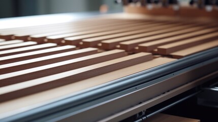 Closeup image of a conveyor belt carrying stacks of precisely wooden panels for an automated edge banding machine, which seamlessly applies matching veneer strips to their edges.