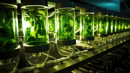 Detailed image of a continuousflow photobioreactor used for algae cultivation. Transparent tubes carry the algal culture, while optimized lighting ensures optimal growth by simulating sunlight.