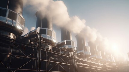 A closeup shot of the air pollution control devices, such as electrostatic precipitators or bag filters, removing particulate matter and toxic emissions from the plants exhaust gases.