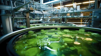 In the heart of the plant, a closeup shot captures the controlled environment of an anaerobic digester. Bacteria break down organic waste materials, producing biogas, which is collected