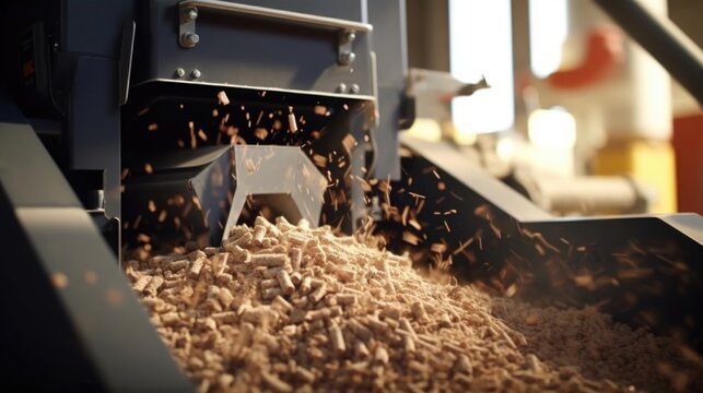 Closeup image of a biomass pelletizing machine, compressing and shaping organic waste into dense pellets for easy storage and transportation.