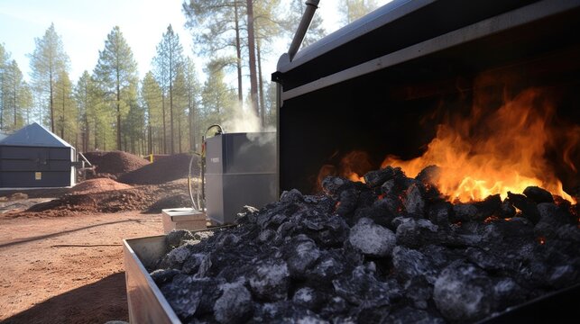 Closeup view of a biochar kiln, where biomass materials are thermally decomposed to produce biochar, an essential component for soil enhancement.