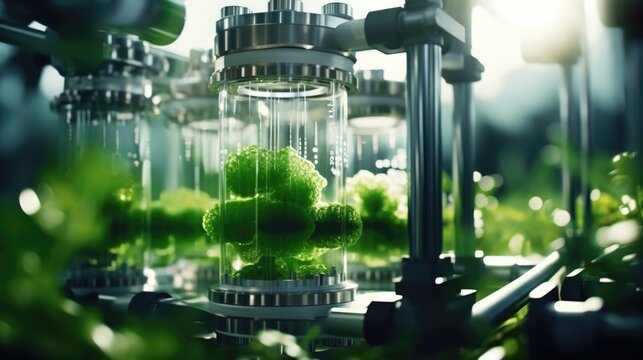 Detailed shot of an algaebased carbon capture unit, capturing and diverting carbon dioxide emissions from an adjoining power plant for direct utilization in the algae cultivation process.