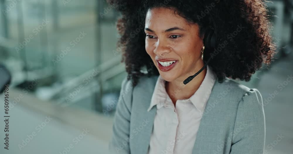 Sticker Business woman, call center and online communication, customer support and happy virtual discussion in office. African consultant laughing in telemarketing, sales chat and helping on desktop computer