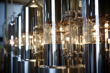 Obraz premium Detailed image of the distillation columns, where the fermented mixture undergoes a separation process to extract the ethanol. The columns are made of stainless steel and are several stories