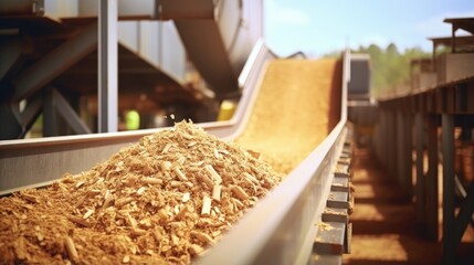 A closeup shot of a conveyor belt system transporting raw biomass materials, including wood chips and agricultural waste, into the processing area of the plant. - obrazy, fototapety, plakaty