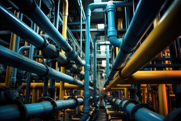 In this closeup shot, we see a complex network of pipes crisscrossing throughout the factory. The pipes are responsible for transporting various fluids, such as wastewater, processed biomass,
