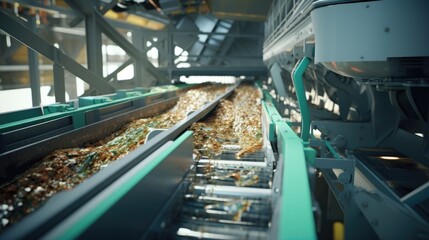 A closeup shot displays a massive, automated sorting machine responsible for separating nonbiodegradable materials from the organic waste stream. The machine swiftly identifies and segregates