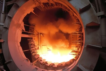 A closeup view of a biomass combustion chamber inside the plant. The chamber is a massive cylindrical structure surrounded by refractory bricks. Flames engulf the biomass, releasing intense - obrazy, fototapety, plakaty