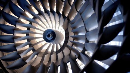 Zoomed in on a rotating turbine inside the bioenergy plant. The turbine stands several meters tall, with a series of large, metal blades spinning rapidly at its core. The mechanical precision