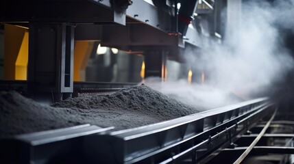 A closeup shot of a sophisticated ash handling system within the plant. The system integrates conveyor belts, magnetic separators, and dust collectors to efficiently remove and treat the
