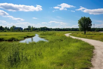 A closeup view of a vibrant green field adjacent to the plant, showcasing the dedication to land restoration and sustainable land use practices. The area is planted with native vegetation,