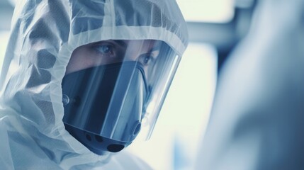 A closeup shot of a worker donning protective gear, gently inspecting a transparent, specially engineered film used in the carbonnegative fuel production process, ensuring product integrity.
