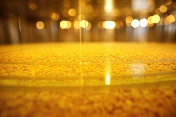 Closeup of a gigantic cylindrical tank within the refinery, showing the storage and fermentation process of biobased raw materials. The tank is filled with a bubbling mixture of biomass