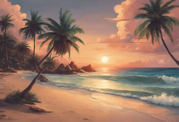 Fototapeta na wymiar Sunset at A beautiful tropicl island in the middle of the ocean.