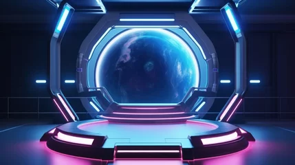 Foto op Canvas 3D illustration of sci-fi product podium showcase in empty spaceship room with blue earth background. Blue and pink neon color tone. © Pro Hi-Res