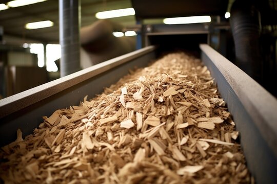 A detailed shot of a conveyor belt system in the plants storage area. The belts are filled with finely chopped wood chips, collected from sustainable forestry sources, as they slowly transport