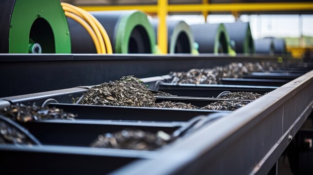 A detailed shot of a conveyor belt system with a series of spinning wheels. It transports the waste materials to a shredder, which is visible in the background, reducing them into small