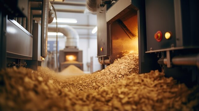 Detailed shot of a biomass preprocessing unit within the refinery, ilrating the mechanical and thermal treatment of raw materials before they enter the main production process. The image