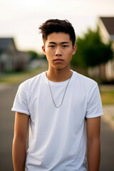 Obraz premium Asian - American teenager in a white tee, looking at the camera, against a softly focused suburban neighborhood.
