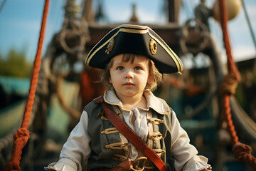 preschool boy wearing pirate costume on pirate ship