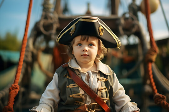 preschool boy wearing pirate costume on pirate ship - Powered by Adobe