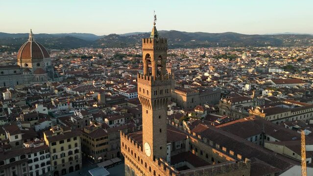 Florence city skyline, aerial view at sunset, Palazzo Vecchio, Cathedral of Saint Mary of the Flower, Tuscany, Italy