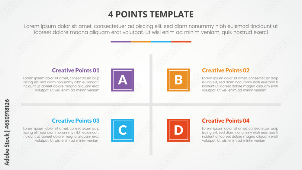 Aufkleber 4 points stage template infographic concept for slide presentation with square base and cross line center 4 point list with flat style