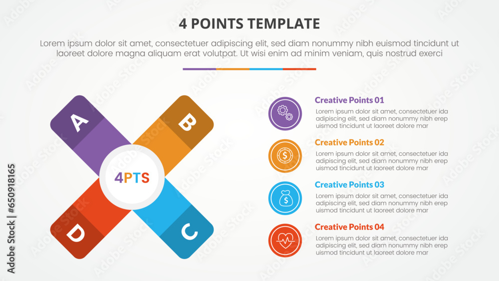 Aufkleber 4 points stage template infographic concept for slide presentation with x shape with vertical descri