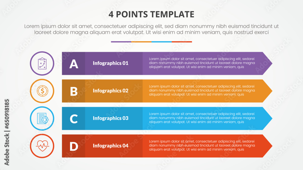 Aufkleber 4 points stage template infographic concept for slide presentation with long rectangle with arrow edge 4 point list with flat style