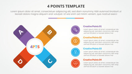 4 points stage template infographic concept for slide presentation with x shape with vertical description 4 point list with flat style