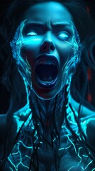 Fototapeta premium screaming woman portrait, female in despair and anger, in style of neon blue