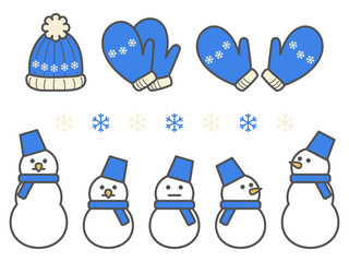 いろんな手袋と雪だるまのかわいい冬の主線ありイラストセット
