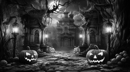 Halloween Pumpkin Haunted Mansion House Spooky Ghost Trick Or Treat Jack O Lantern Costume Party Black And White Scene