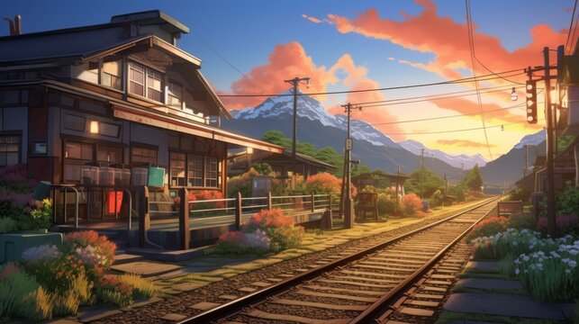 a beautiful japanese village city town at sunset. railway station with shop. anime comics artstyle. cozy lofi asian architecture. 16:9 4k resolution. Generative AI