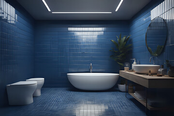 Fototapeta na wymiar Modern bathroom with bath up, white ceramic sink and blue tiled walls