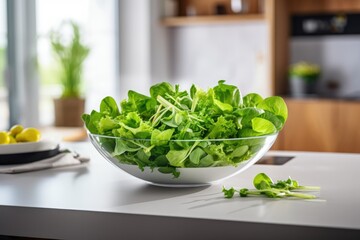 Full bowl of fresh green salad on the table in the kitchen - obrazy, fototapety, plakaty