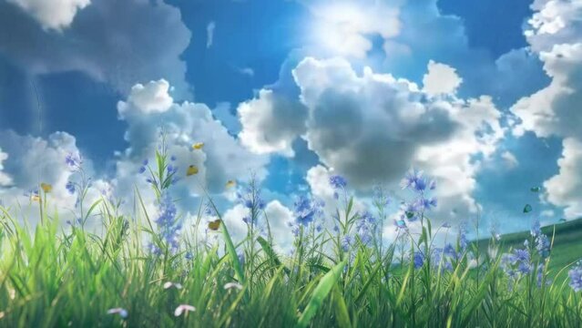 grass and blue sky flowers in the field  animated background in Japanese anime watercolor painting illustration style. seamless looping video animated background