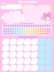Habit tracker Chalkboard Calendar for Notes, monthly  planer, to do on purple background, notes, reminds  For girls with clouds rainbow  animal cartoons character animals 
