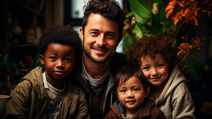 "Multiracial Father Embracing His Diverse Children"