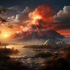 Scene with erupting volcano on island