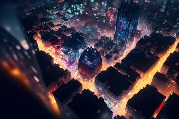 An arial skyline view of a cyberpunk city at night Double Exposure Magnetic Resonance Ethereal Paradox Biophilic 3d rendered High fantasy 8k cgi rendered unreal engine octane rendered ultra clean  - obrazy, fototapety, plakaty