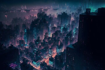 An arial skyline view of a cyberpunk city at night Double Exposure Magnetic Resonance Ethereal Paradox 3d rendered High fantasy 8k cgi rendered unreal engine octane rendered ultra clean lines crisp  - obrazy, fototapety, plakaty