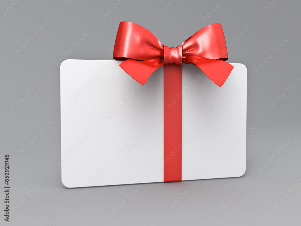 Poster blank 3d white gift card or gift voucher with red ribbon bow isolated on grey background with shadow