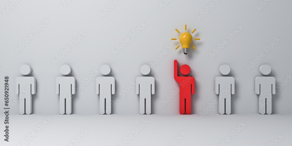 Fototapete stand out from the crowd and different concepts one red man raising his hand with yellow idea bulb a