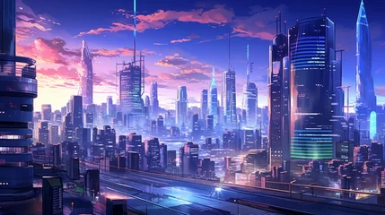 Abwaschbare Fototapete Dunkelblau illustration of a night cityscape in anime neo crisp cyberpunk style. neon flat colors. nightsky with big shiny moon and clouds with skyscrapers. desktop wallpaper background. 16:9 Generative AI